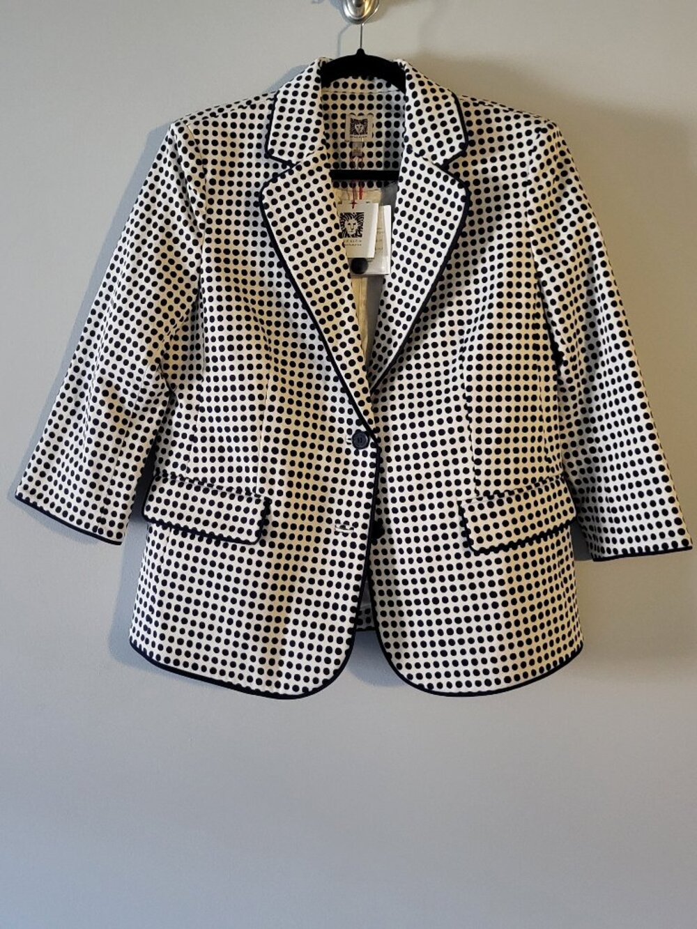 Anne Klein Cream and Navy Polka Dot 3/4 Sleeve Blazer Size 8